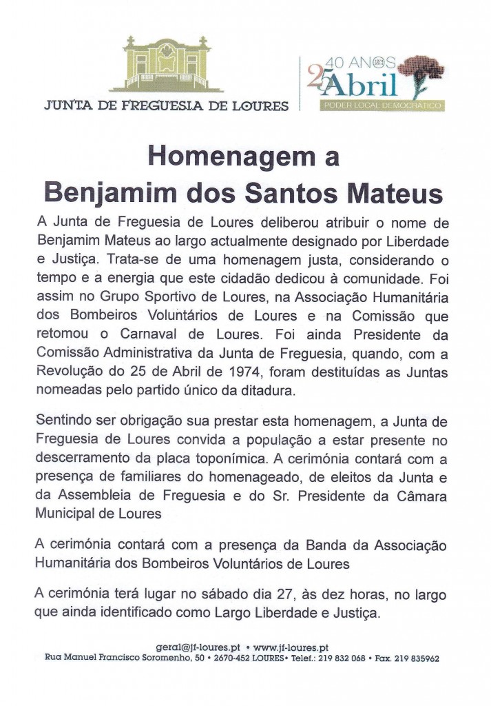 Homenagem a BENJAMIM DOS SANTOS MATEUS